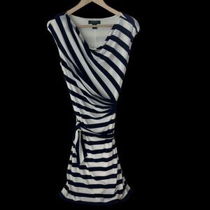 Lauren Ralph Lauren Navy/White Stripe Boat‎ Neck Ruched Bodice Midi Dress Sz 10